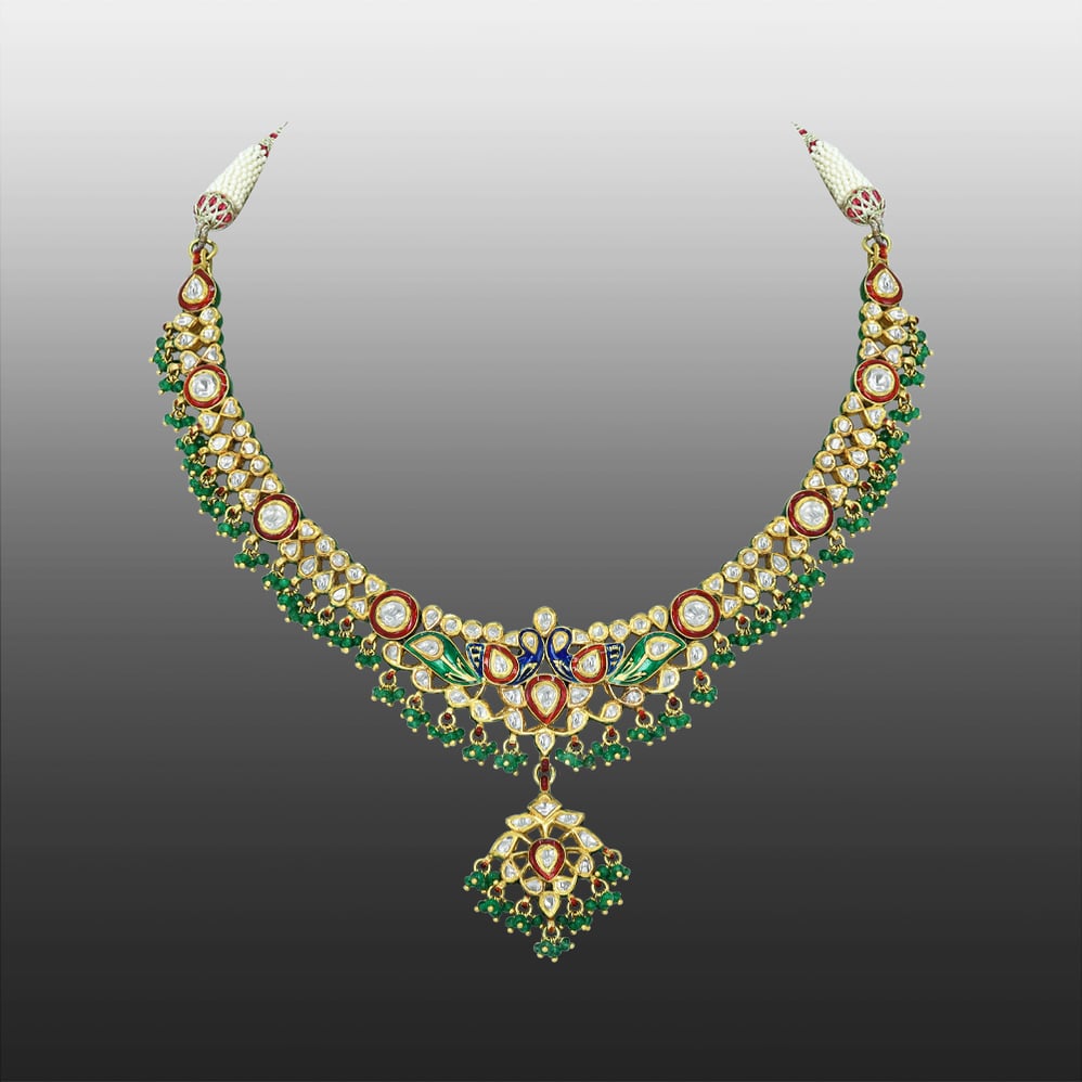 Peacock Polki Necklace with Multicolour Enamel and Bead Drops